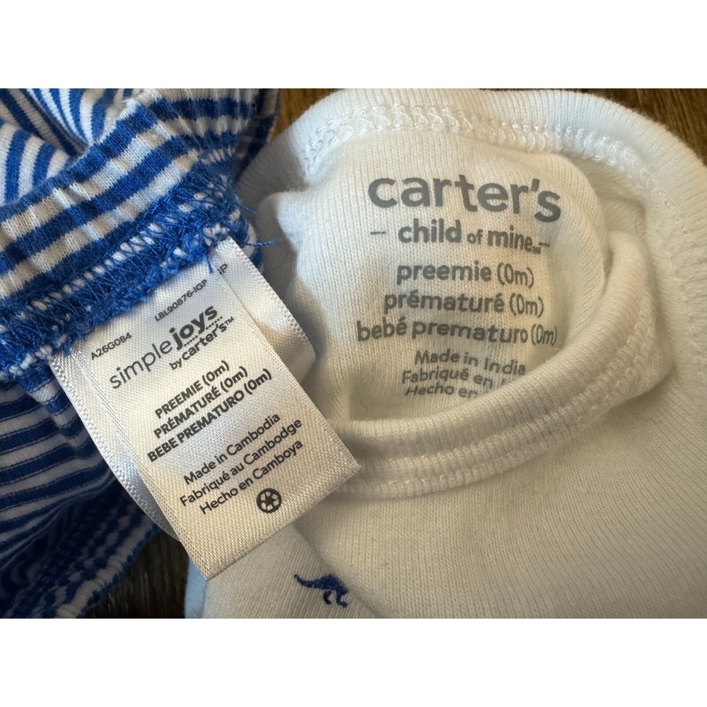 Carters Preemie Baby Boy Outfit Bodysuit Pants 2 Piece Reborn Doll Stripe Dinos - Picture 8 of 8